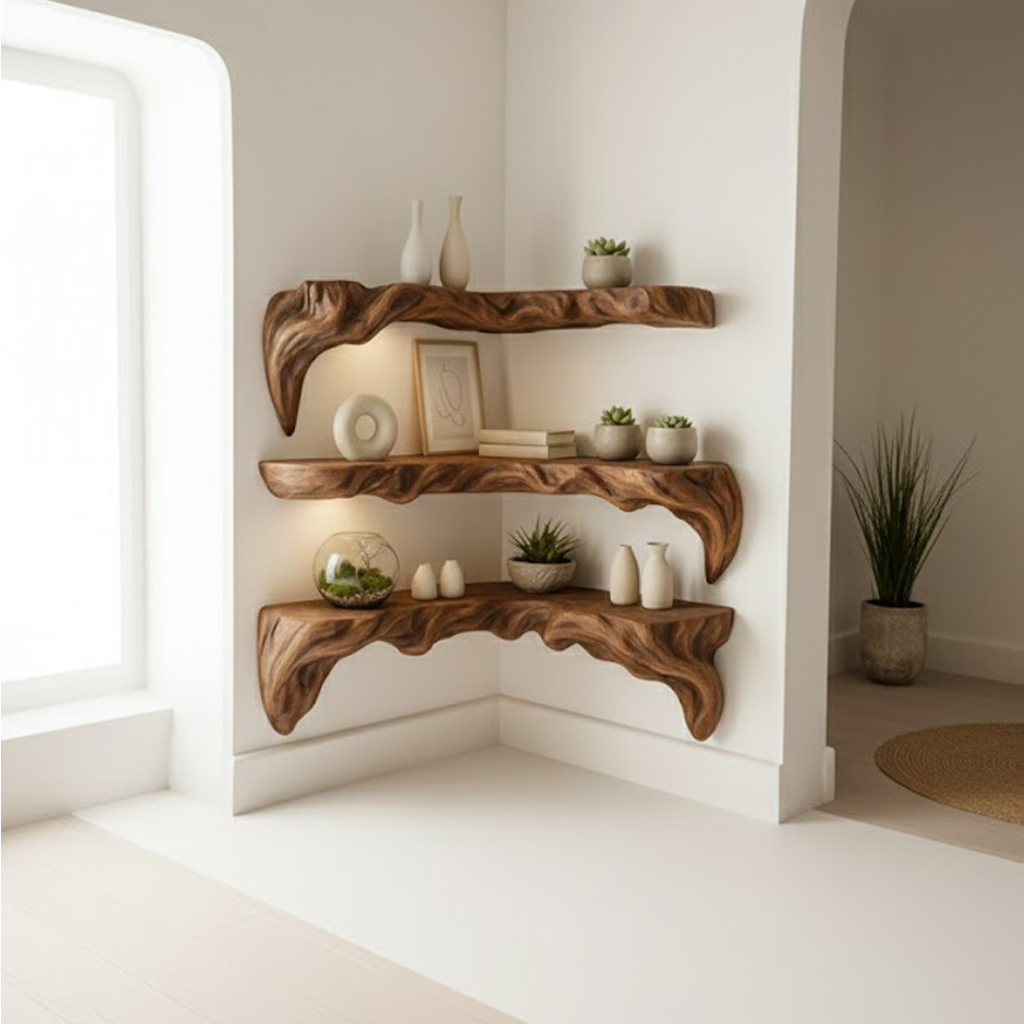 Sculpted Live Edge Solid Wood Corner Shelves