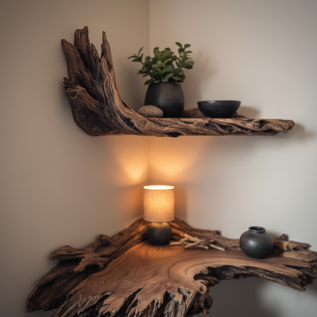 Driftwood Root Corner Floating Shelves