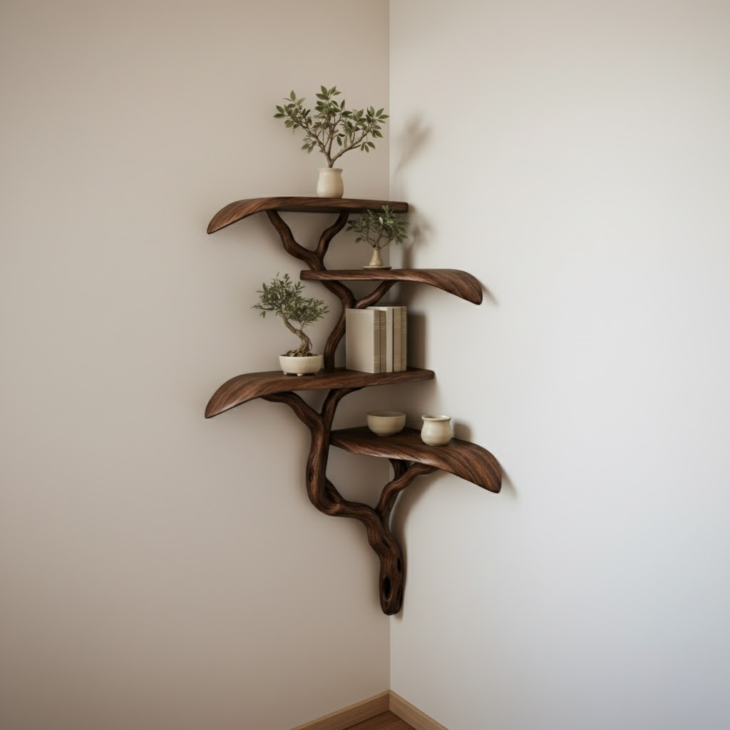 Organic Tree Form Solid Wood Corner Shelves