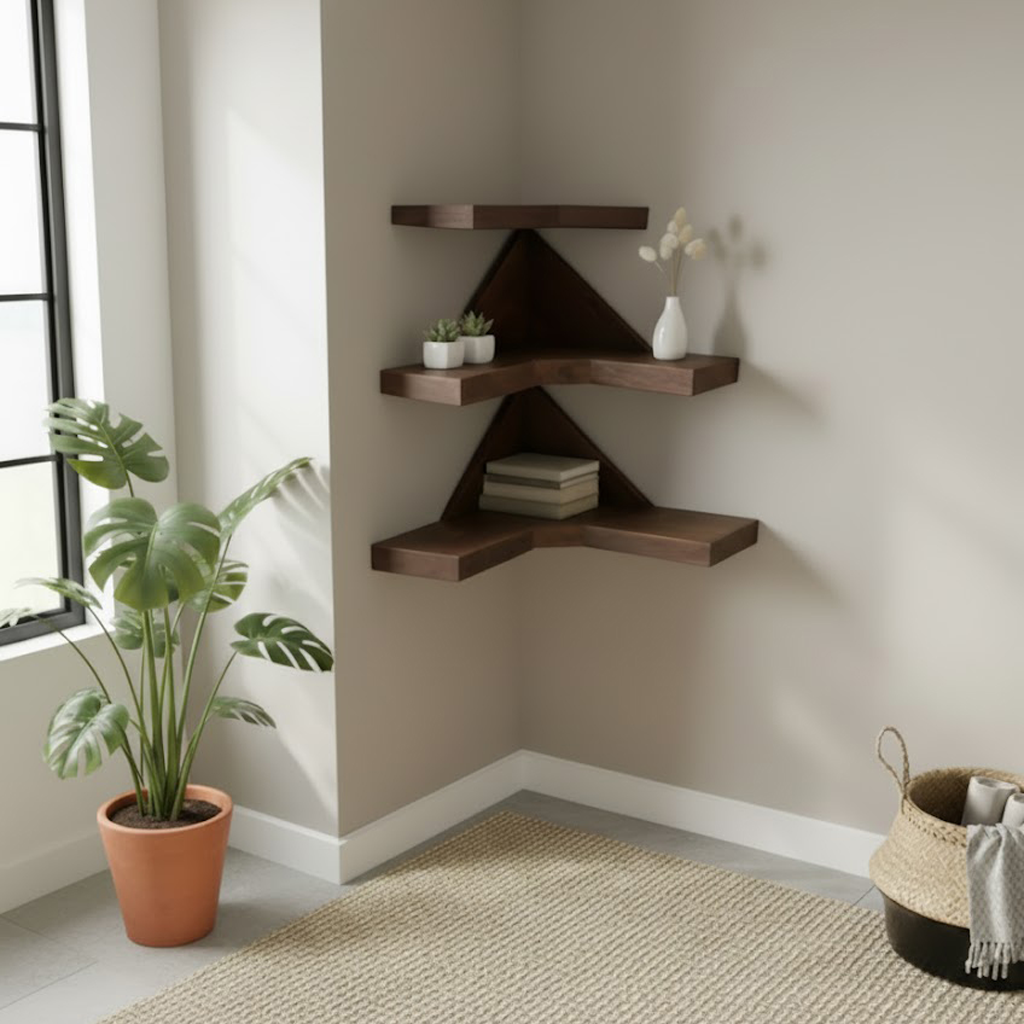 Geometric Solid Wood Corner Floating Shelves