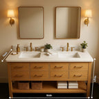 Double Sink Bathroom Vanity with Drawers & Open Shelf