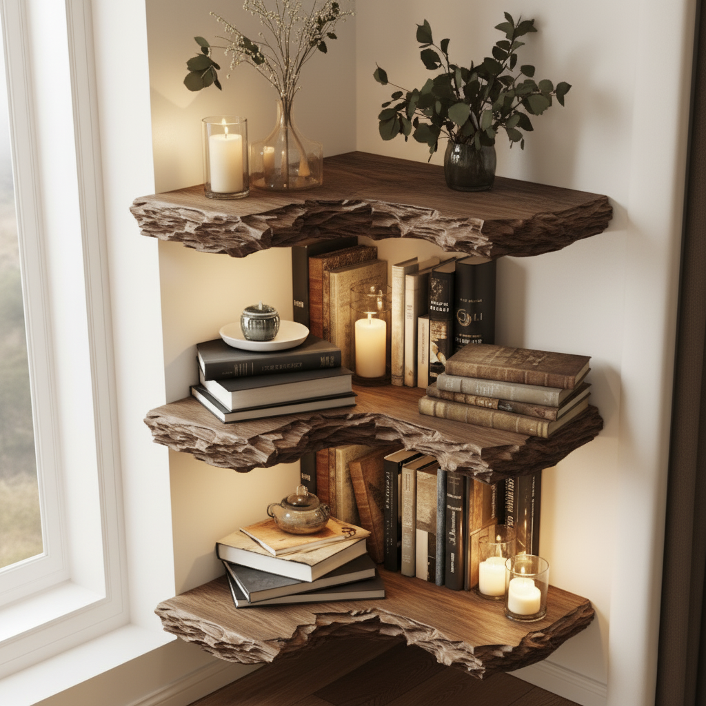 Live Edge Solid Wood Corner Floating Shelves