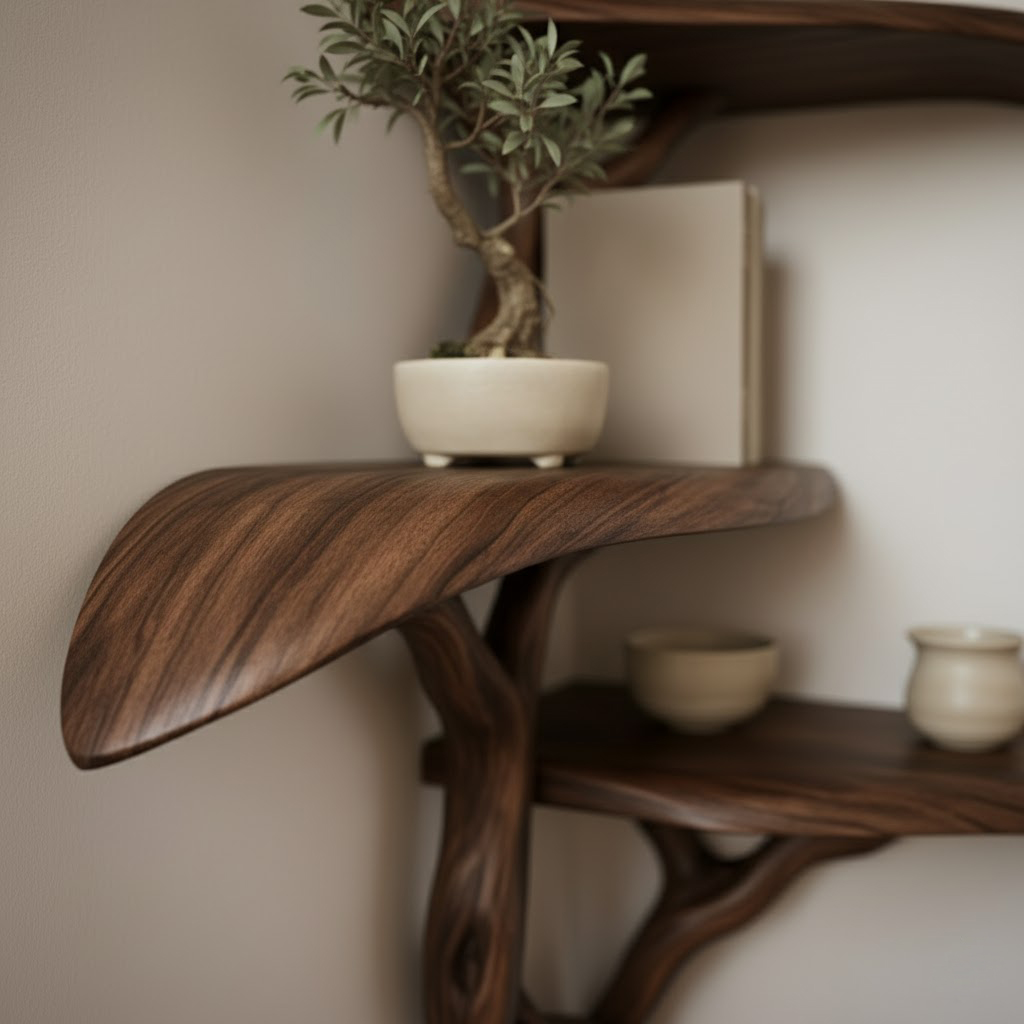 Organic Tree Form Solid Wood Corner Shelves