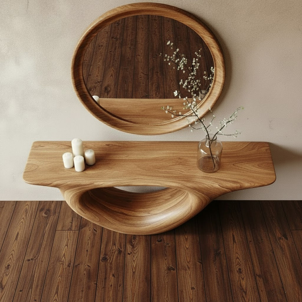 Sculptural Solid Wood Console Table