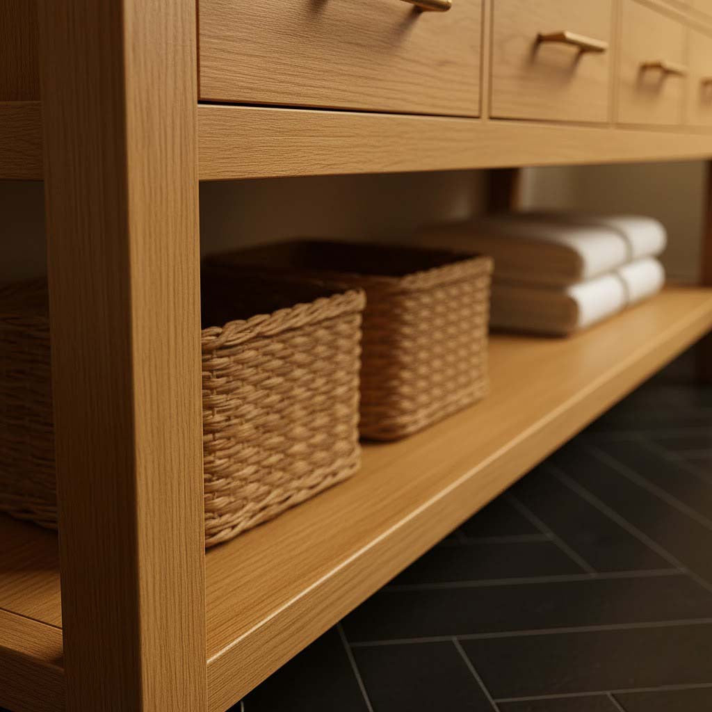 Double Sink Bathroom Vanity with Drawers & Open Shelf