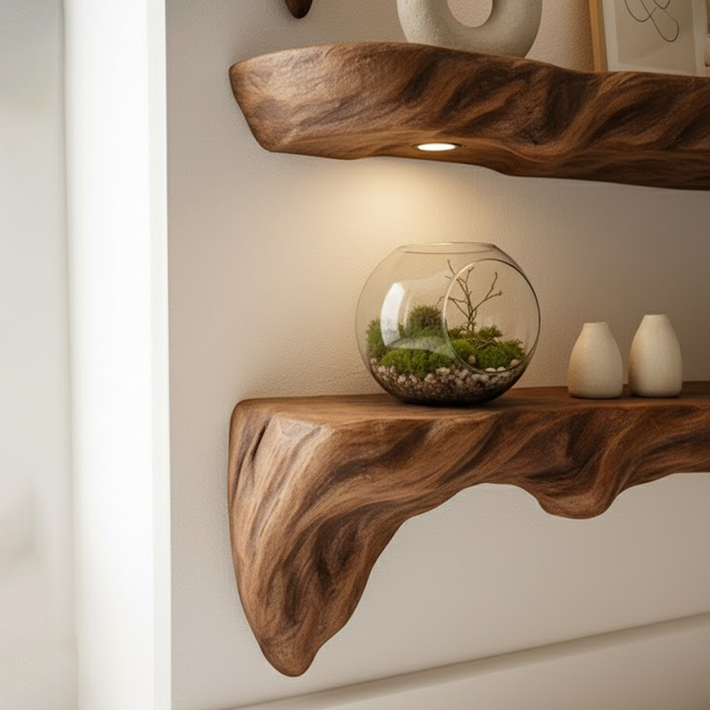 Sculpted Live Edge Solid Wood Corner Shelves