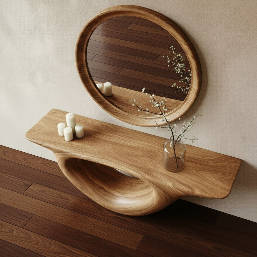 Sculptural Solid Wood Console Table
