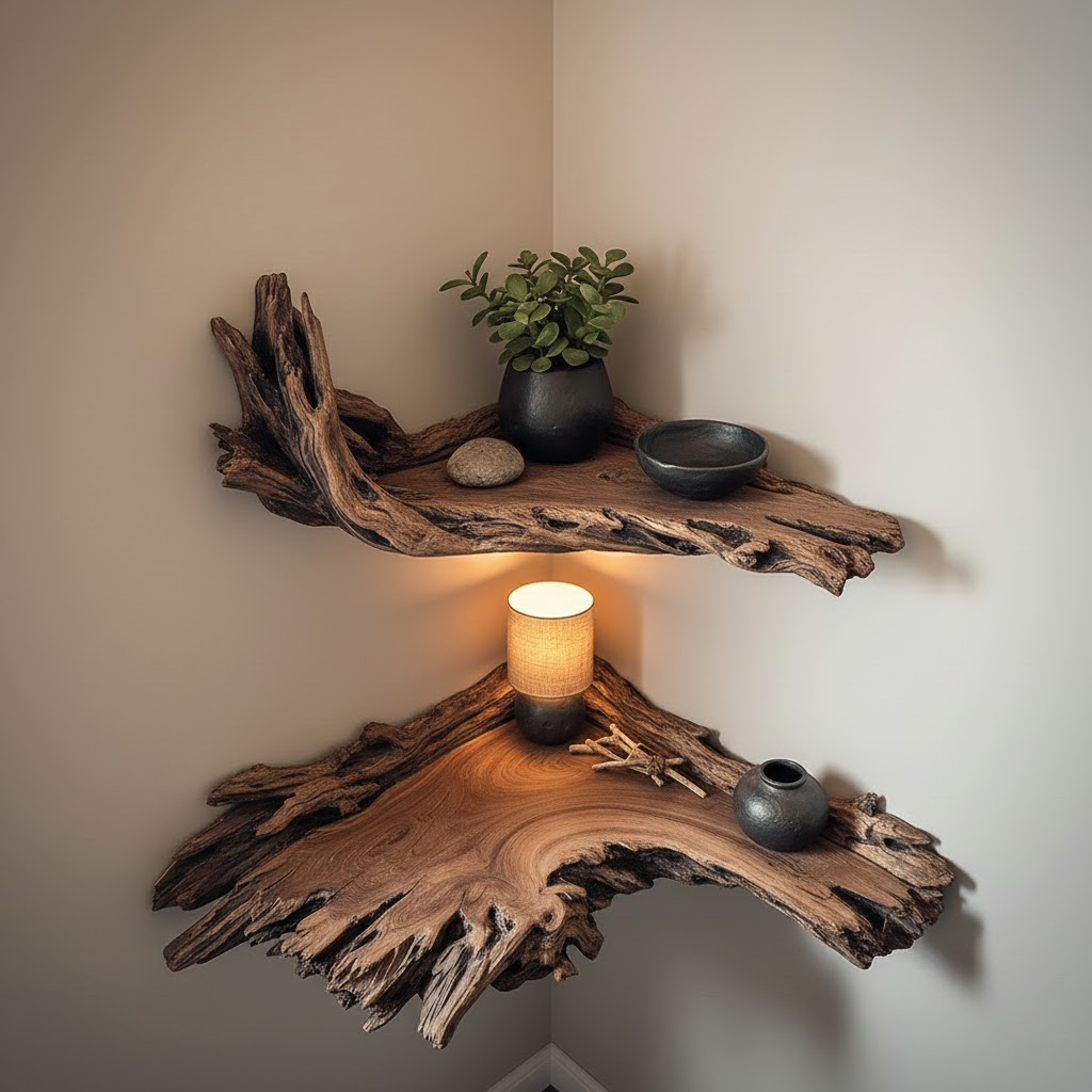 Driftwood Root Corner Floating Shelves