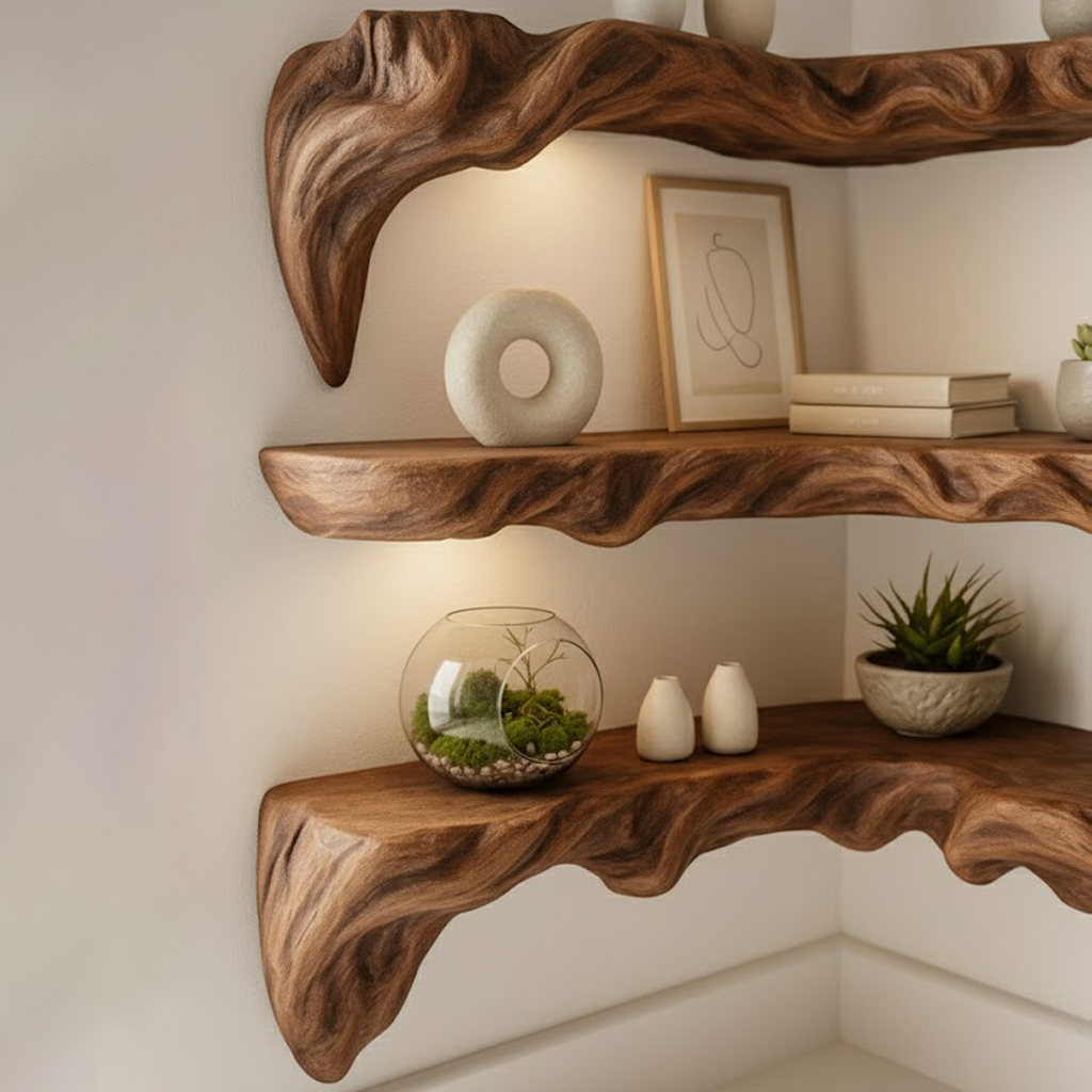 Sculpted Live Edge Solid Wood Corner Shelves