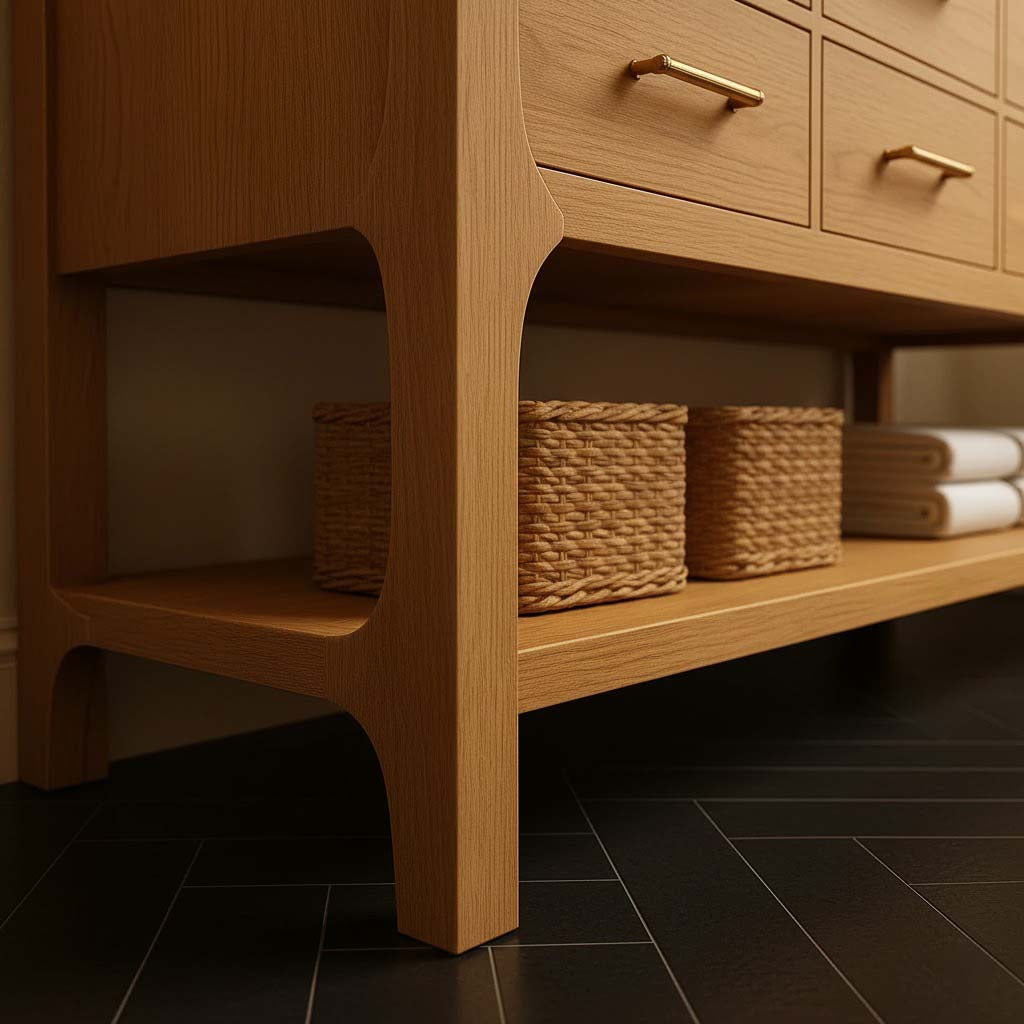 Double Sink Bathroom Vanity with Drawers & Open Shelf