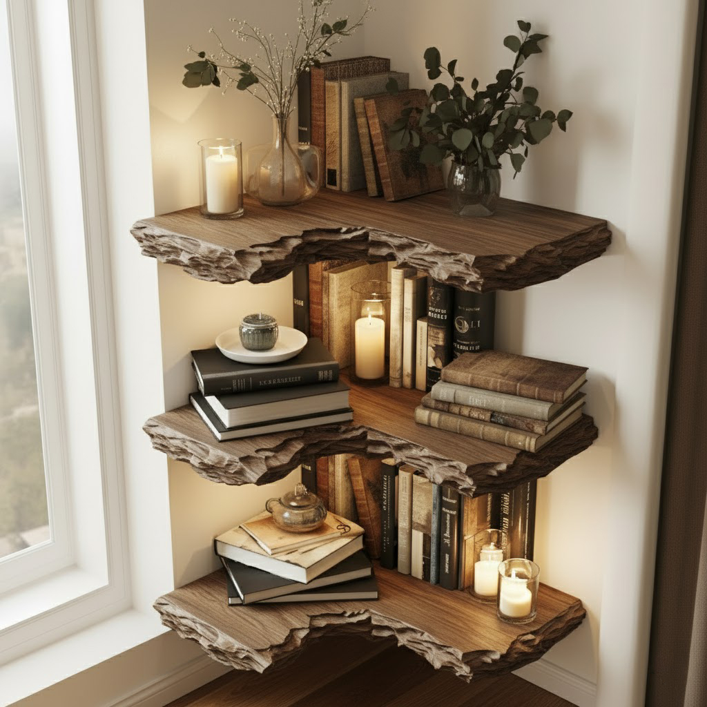 Live Edge Solid Wood Corner Floating Shelves