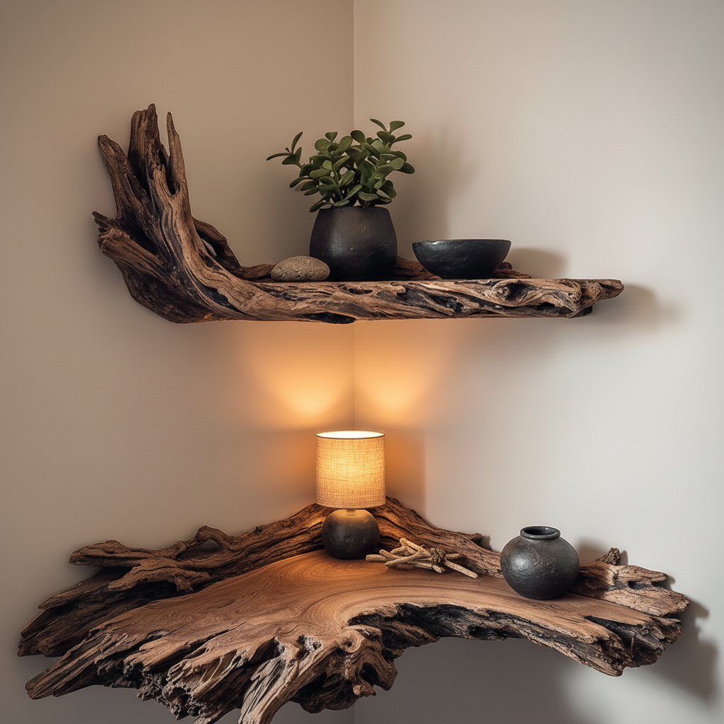 Driftwood Root Corner Floating Shelves