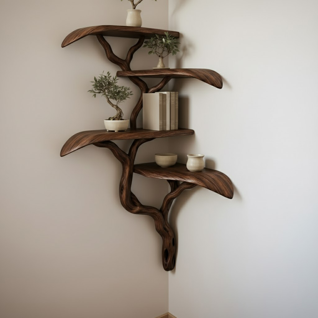 Organic Tree Form Solid Wood Corner Shelves