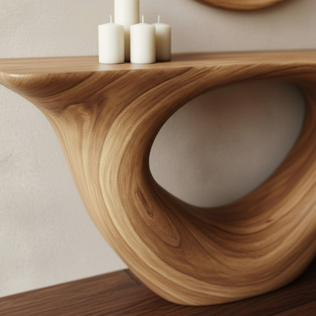 Sculptural Solid Wood Console Table