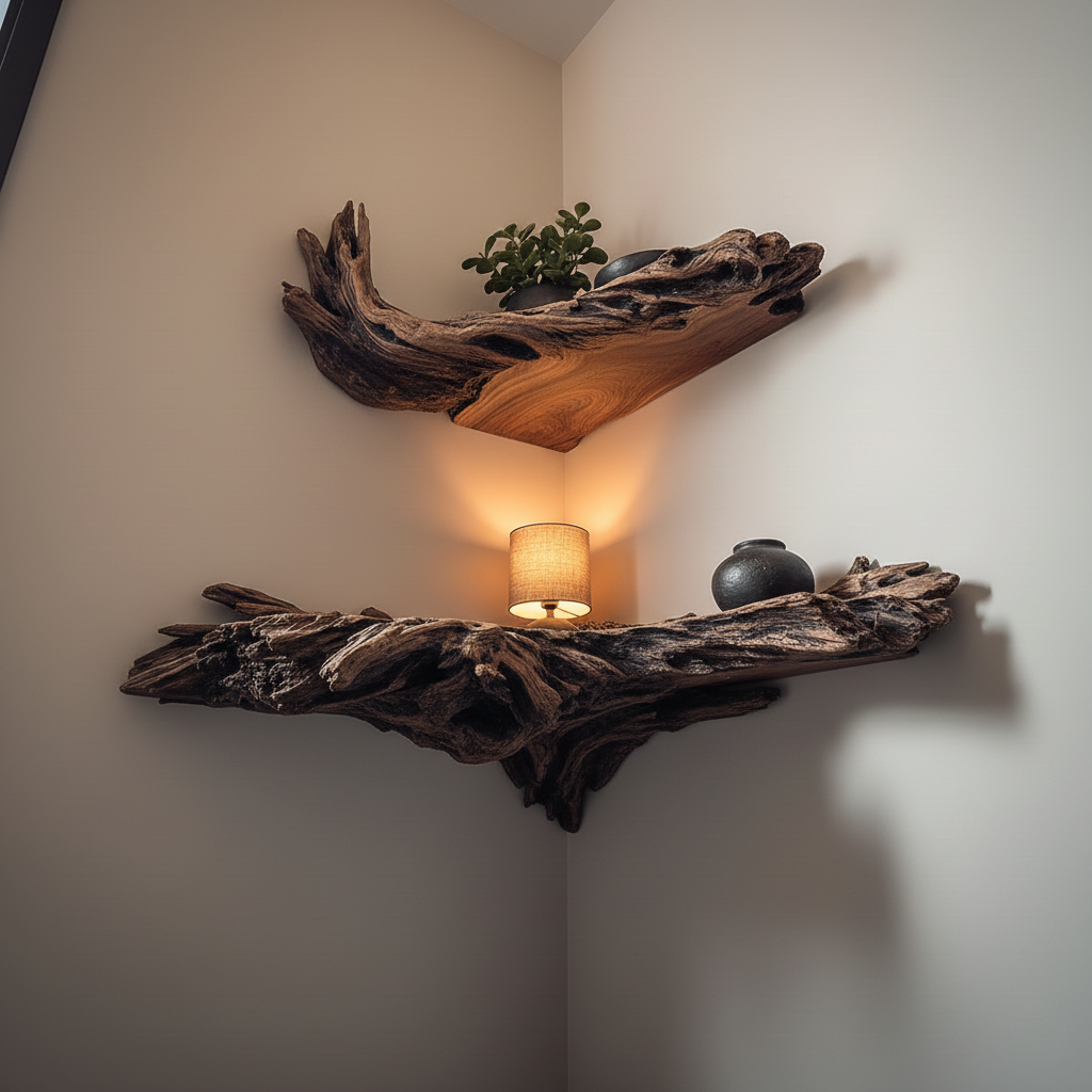 Driftwood Root Corner Floating Shelves