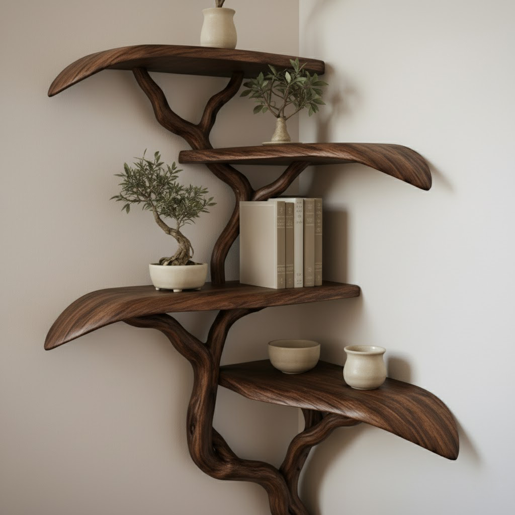 Organic Tree Form Solid Wood Corner Shelves