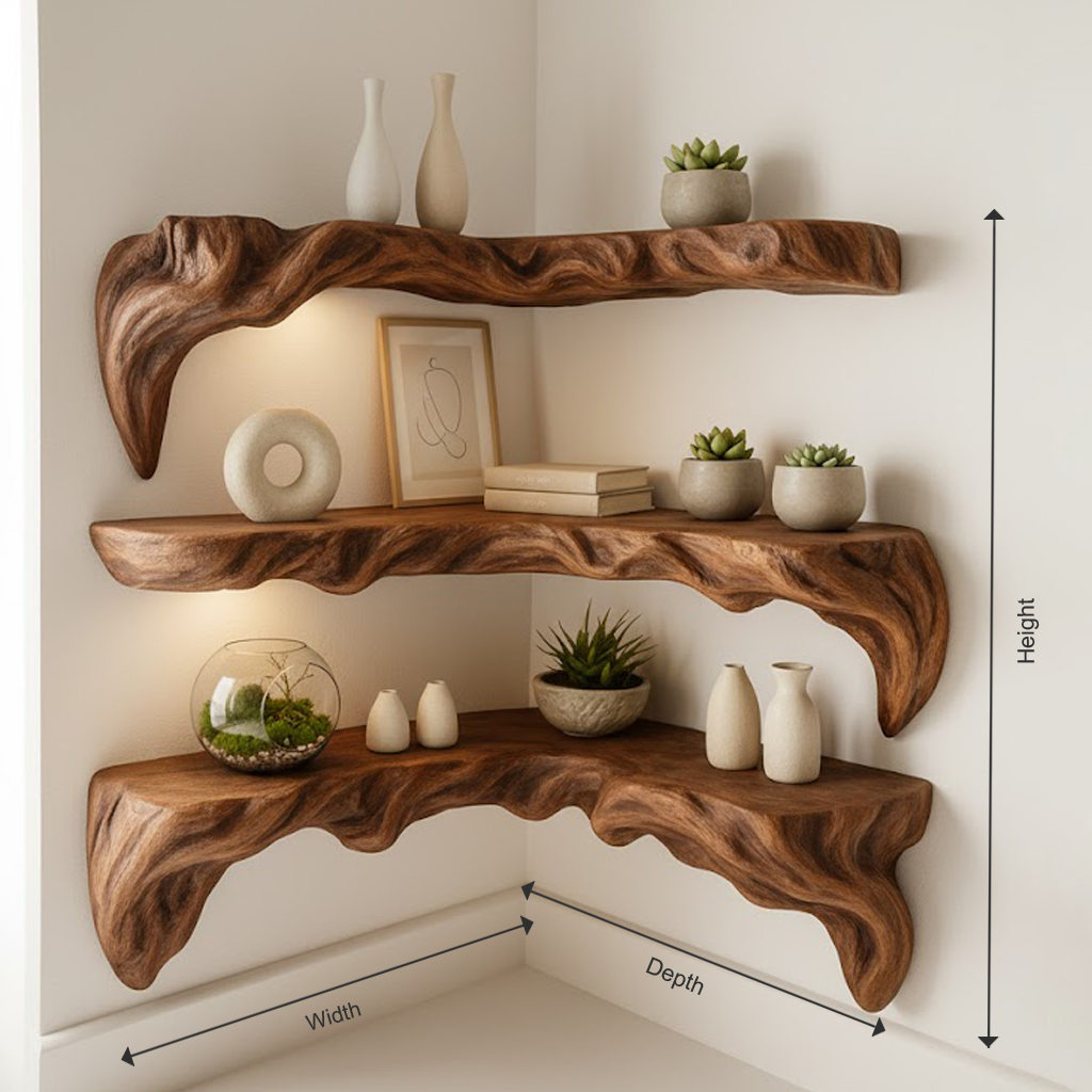 Sculpted Live Edge Solid Wood Corner Shelves