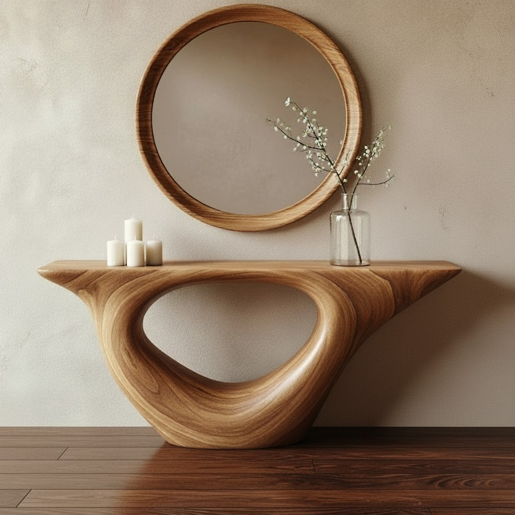 Sculptural Solid Wood Console Table