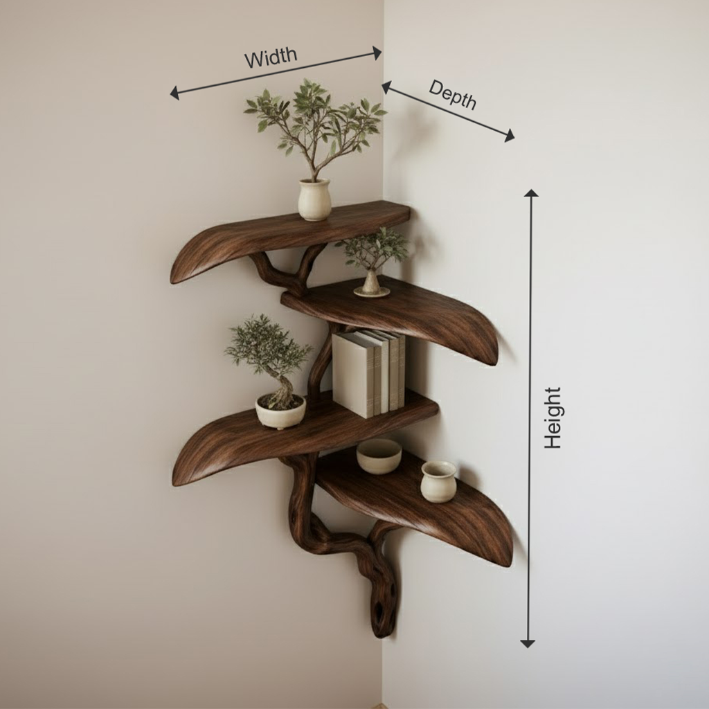 Organic Tree Form Solid Wood Corner Shelves